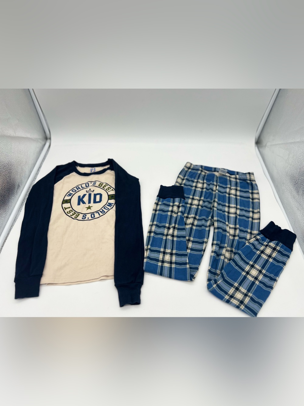 The Children’s Place 2 Piece Boys Blue Beige Worlds Best Kid Pajama Set Sz 7